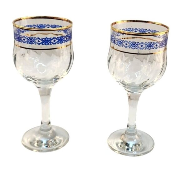 Steamed Wine Glasses Blue Floral Diamond & Gold Rim Design, Swirl Glass - Picture 8 of 10